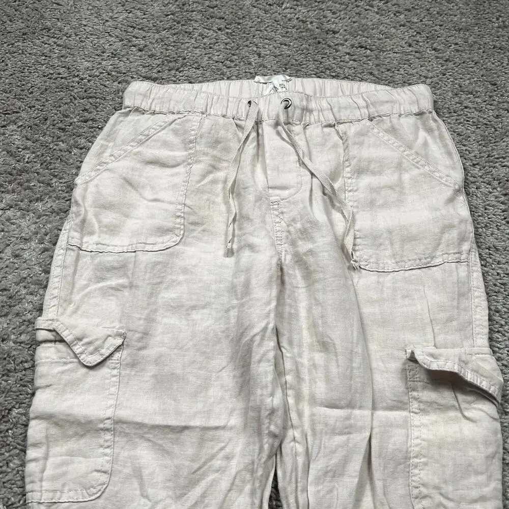 Nicole Miller 100% Linen Cargo Pants Utility Joggers Beige Lagenlook Medium - Picture 3 of 10